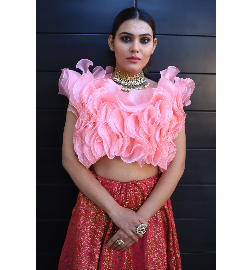 Light Pink Ruffle Crop Top With Pink Brocade Lehanga - Image 3