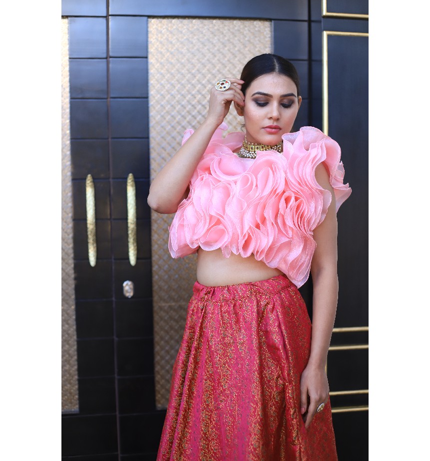 Light Pink Ruffle Crop Top With Pink Brocade Lehanga - Image 4