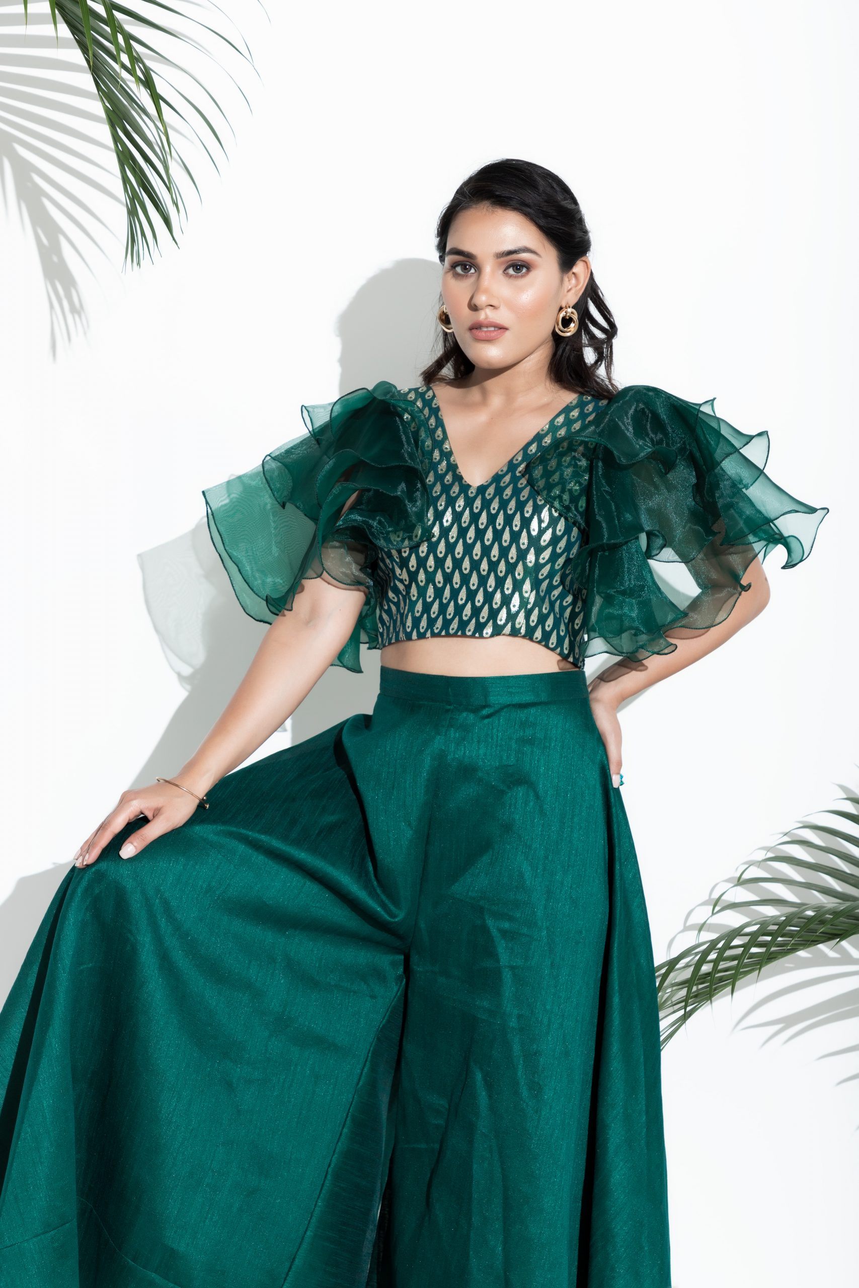 Bottle Green Brocade Ruffle Blouse With flared Pants - Image 4