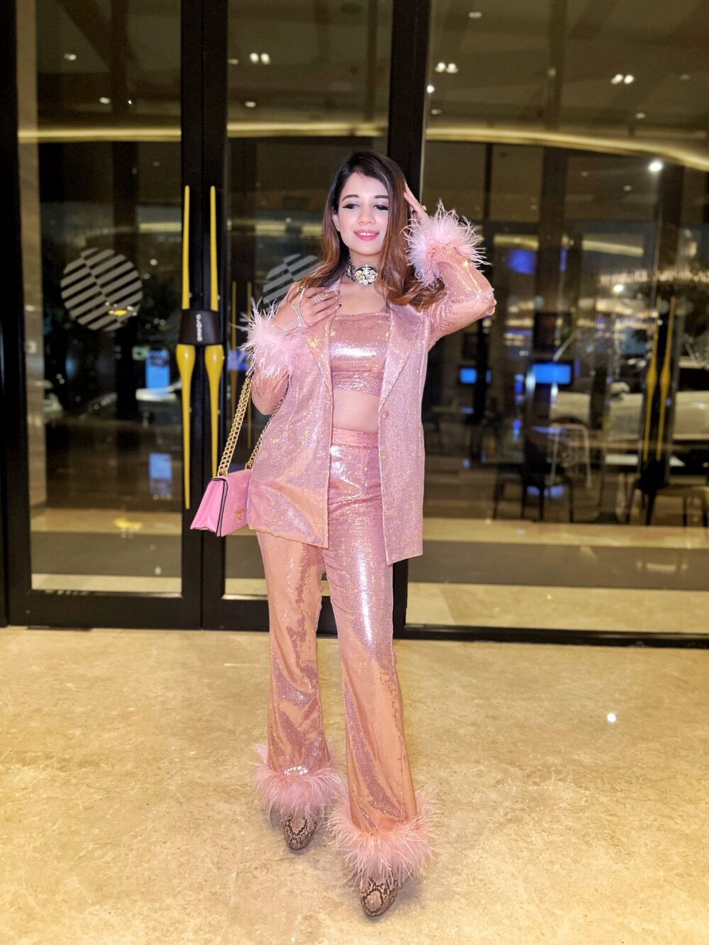 Bling Peach Fur Sequence Blazer Suit - Image 3