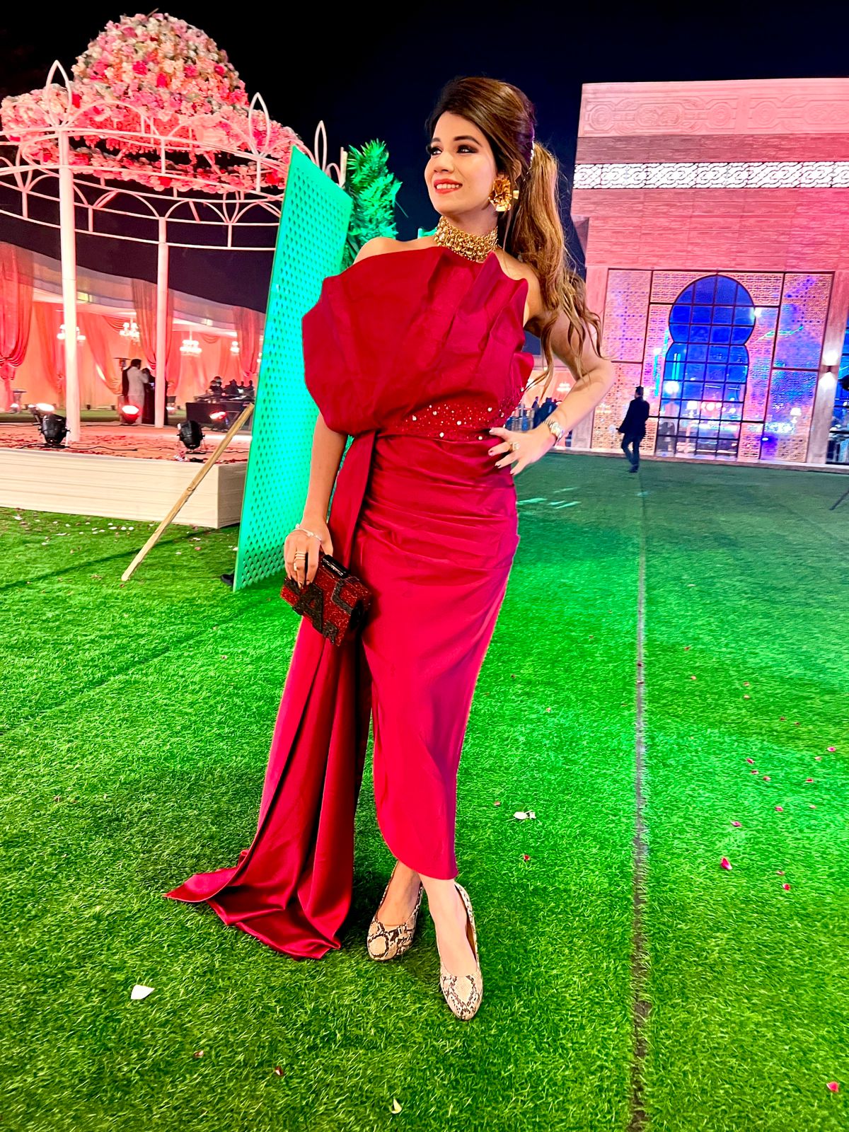 Falling Red Gown with Handwork Detailing