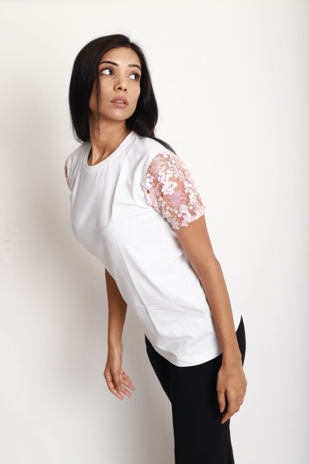 White Tshirt With Sequins Sleeves