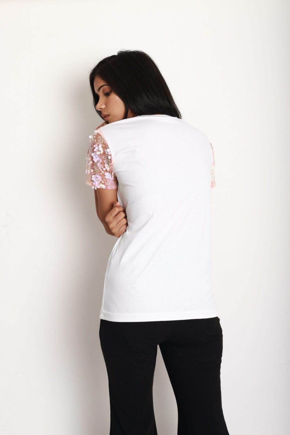 White Tshirt With Sequins Sleeves - Image 4