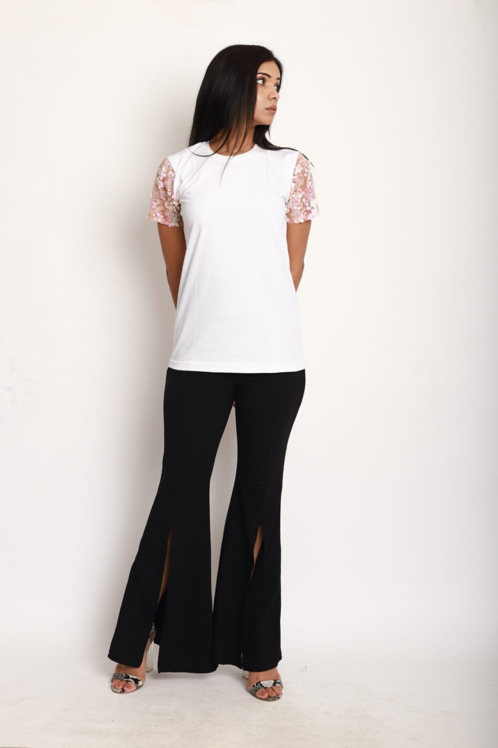 White Tshirt With Sequins Sleeves - Image 3