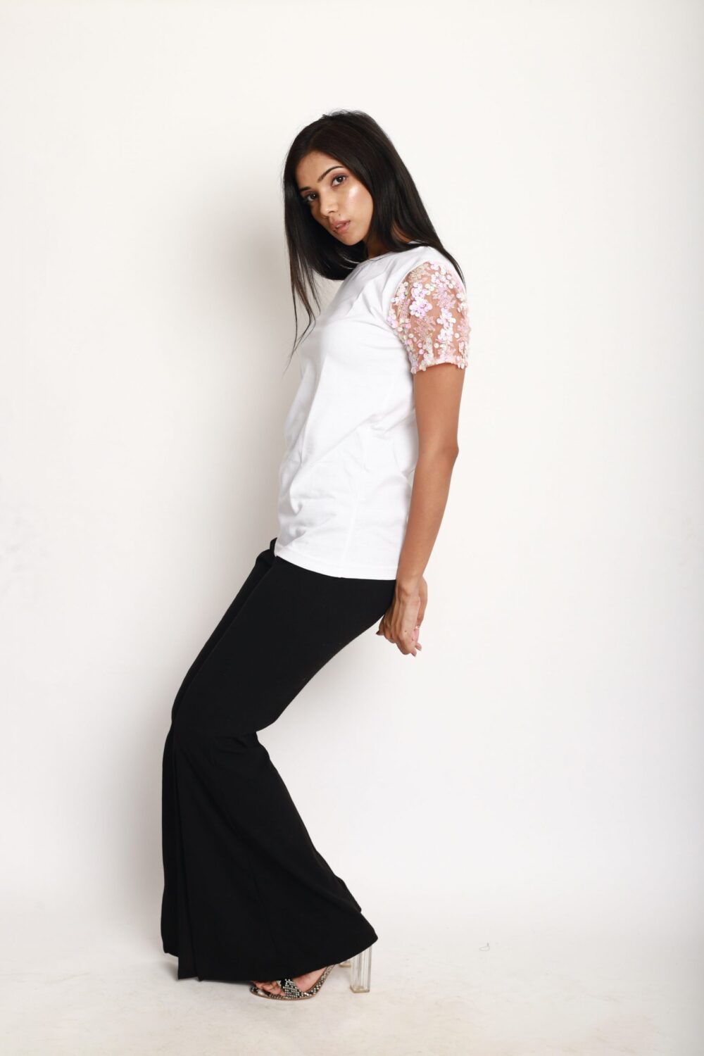 White Tshirt With Sequins Sleeves - Image 2