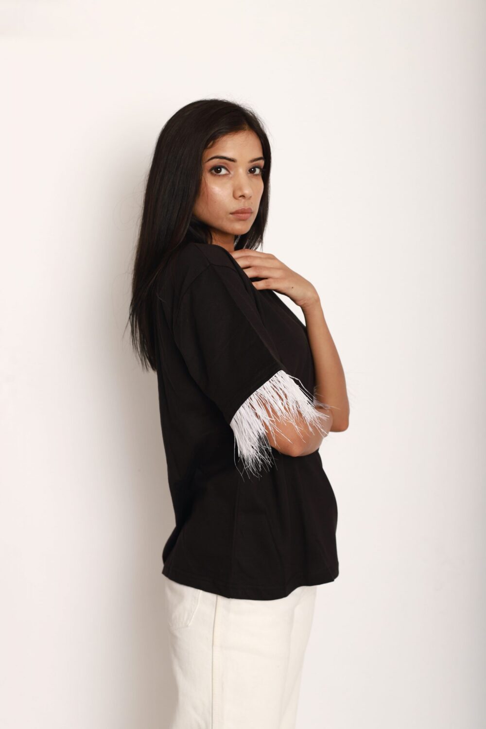 Black Oversized Tshirt With Feather Sleeves - Image 2