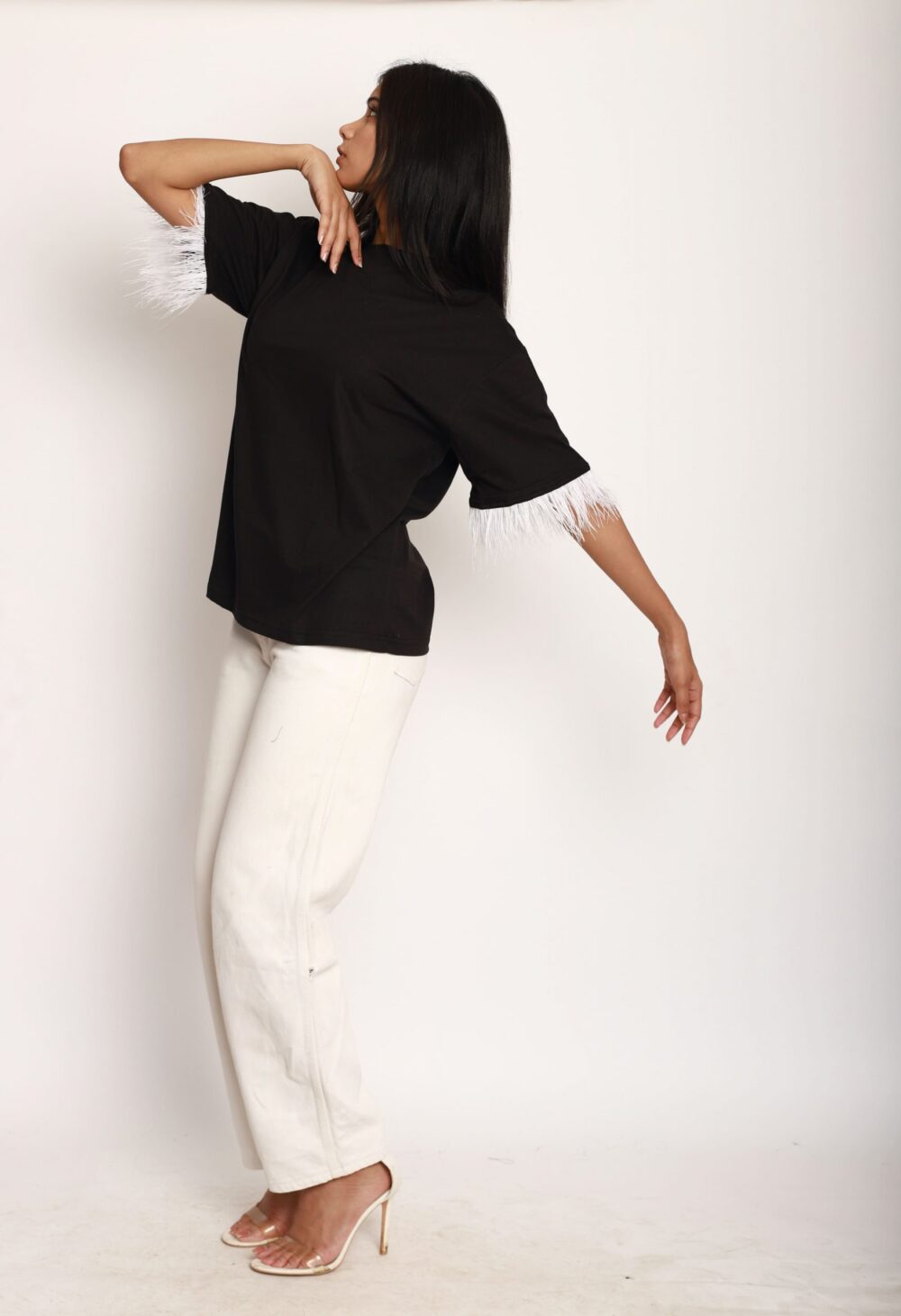 Black Oversized Tshirt With Feather Sleeves - Image 4
