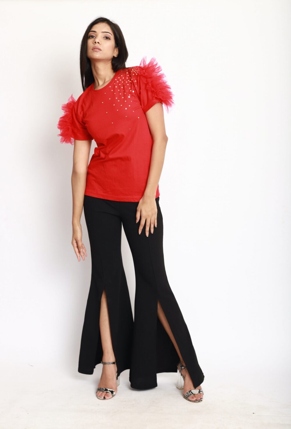 Red Tshirt With Frill Sleeves & Handwork Detailing - Image 3