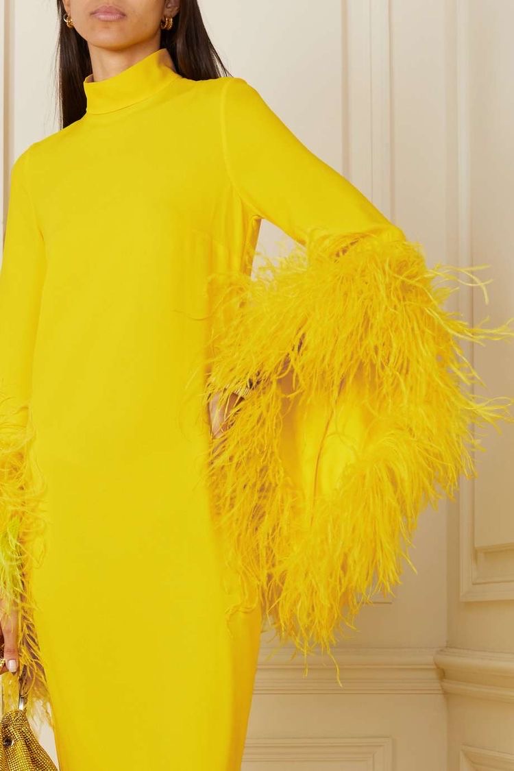 Yellow Feather Trim Midi Dress - Image 4