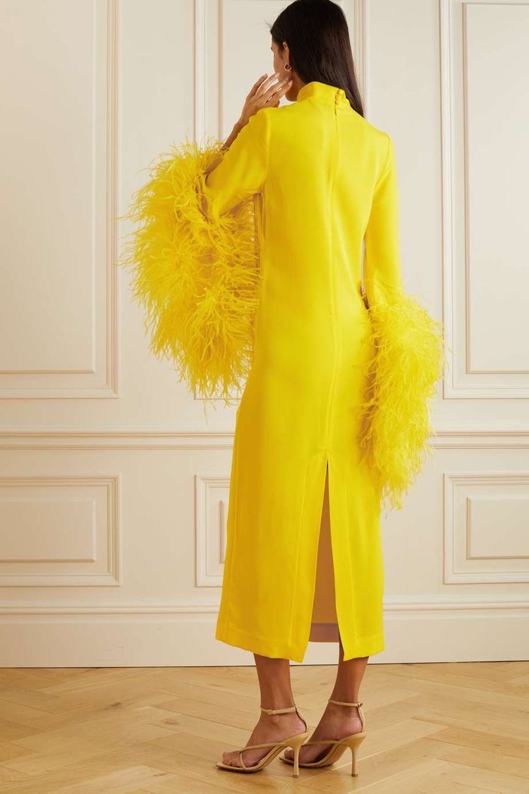 Yellow Feather Trim Midi Dress - Image 2