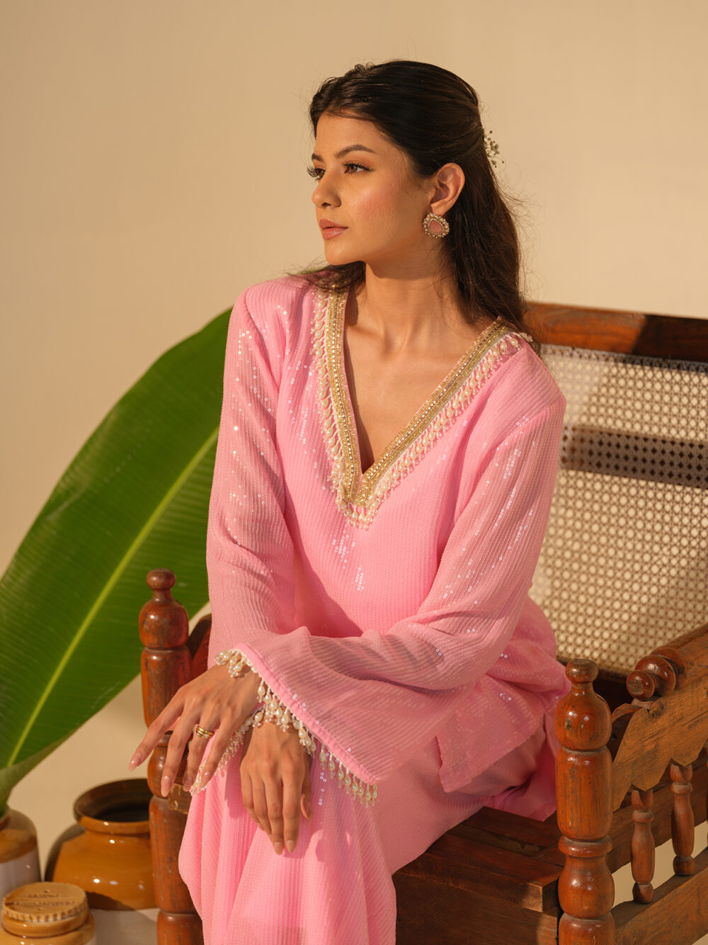 Blush Pink Embellished Kurta Set - Image 4