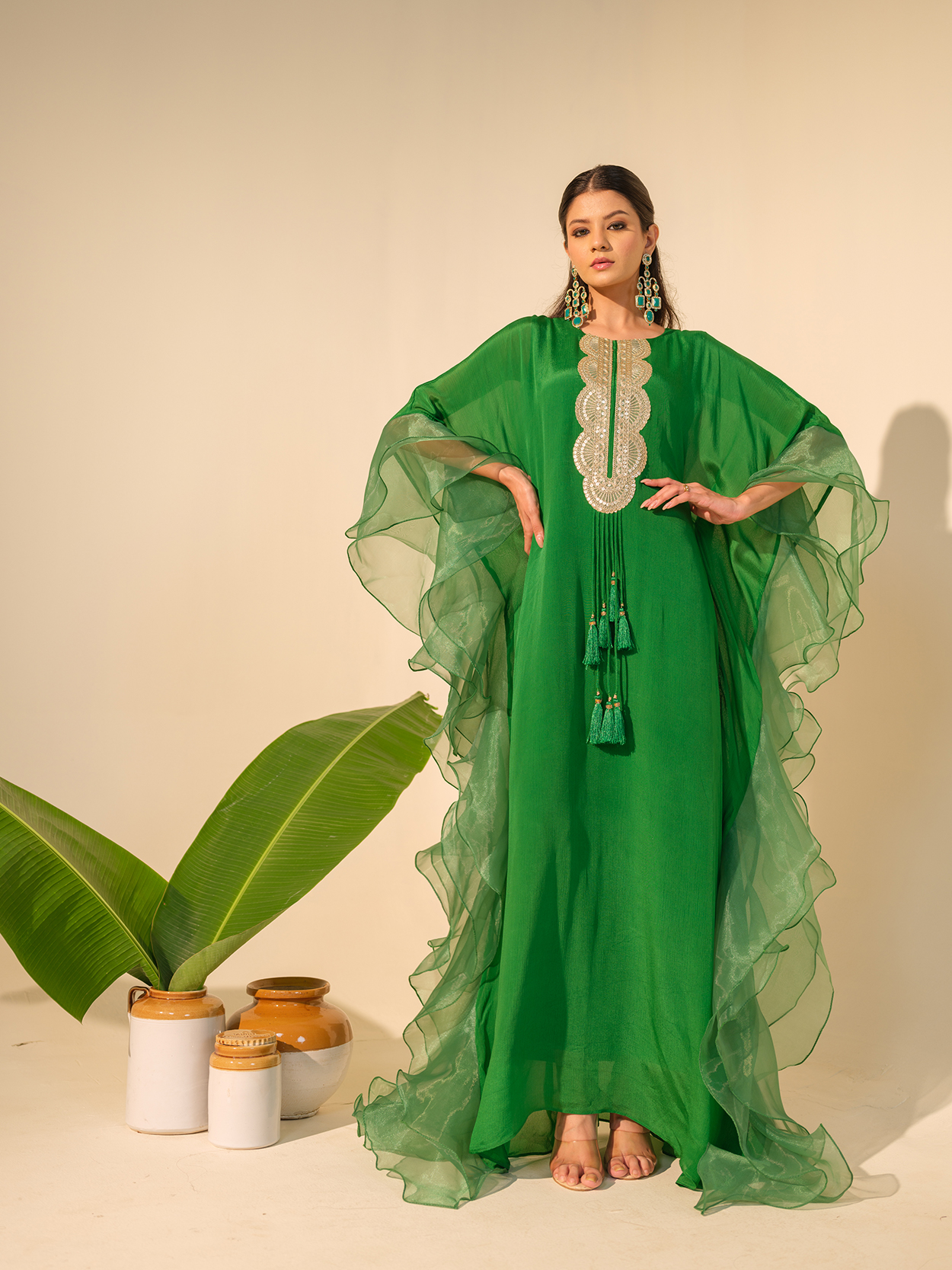 Green Dramatic Ruffle Kaftaan