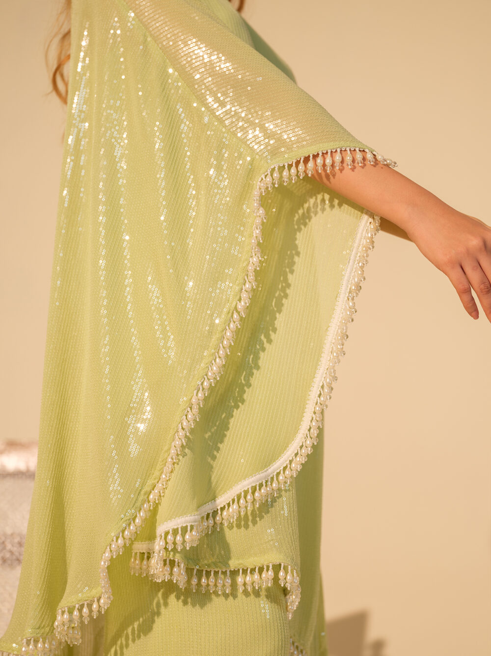 Pista One-Shoulder Embellished Kurta Set - Image 3
