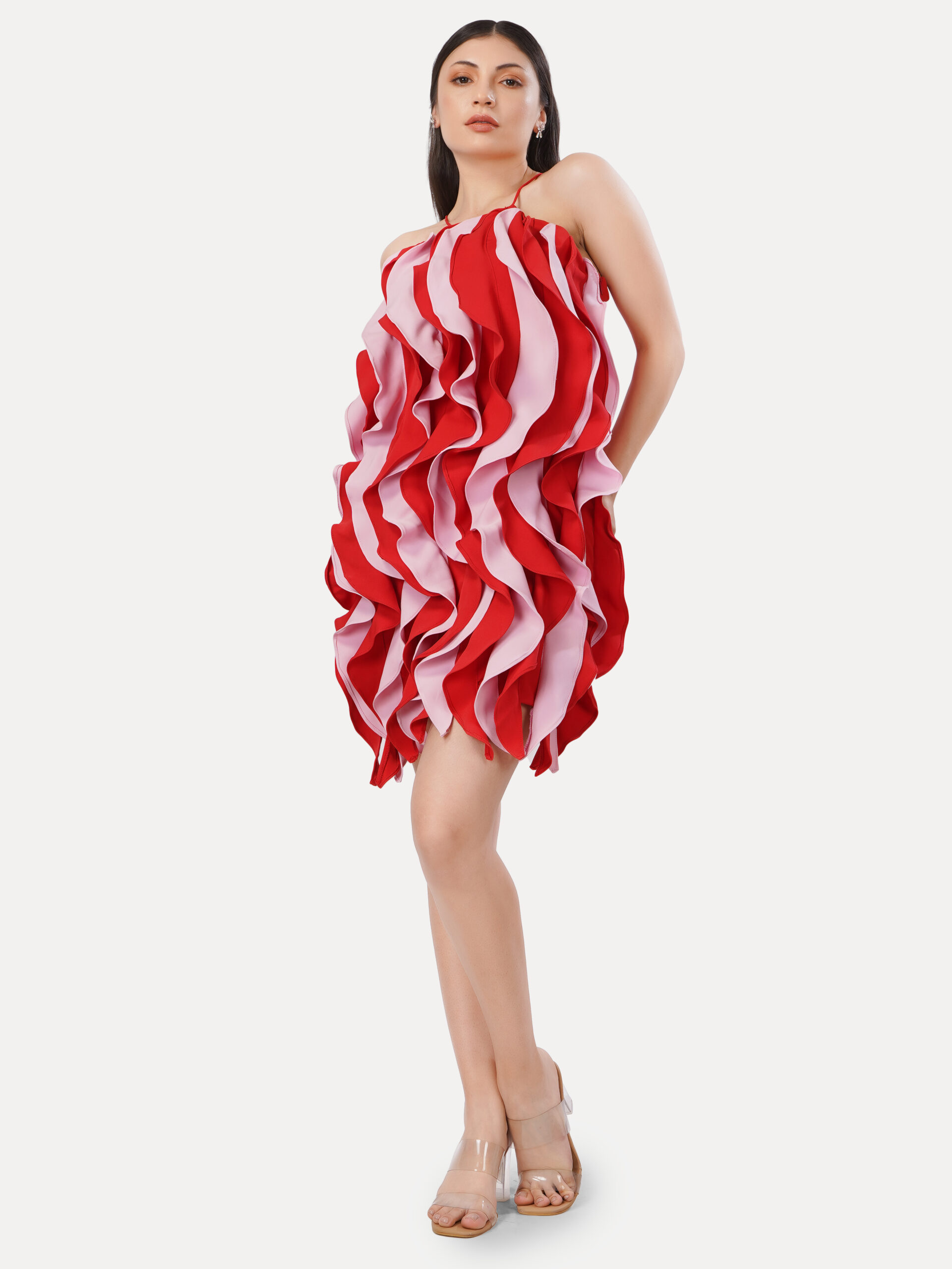 Red & Pink Wave Ruffle Mini Dress - Image 8