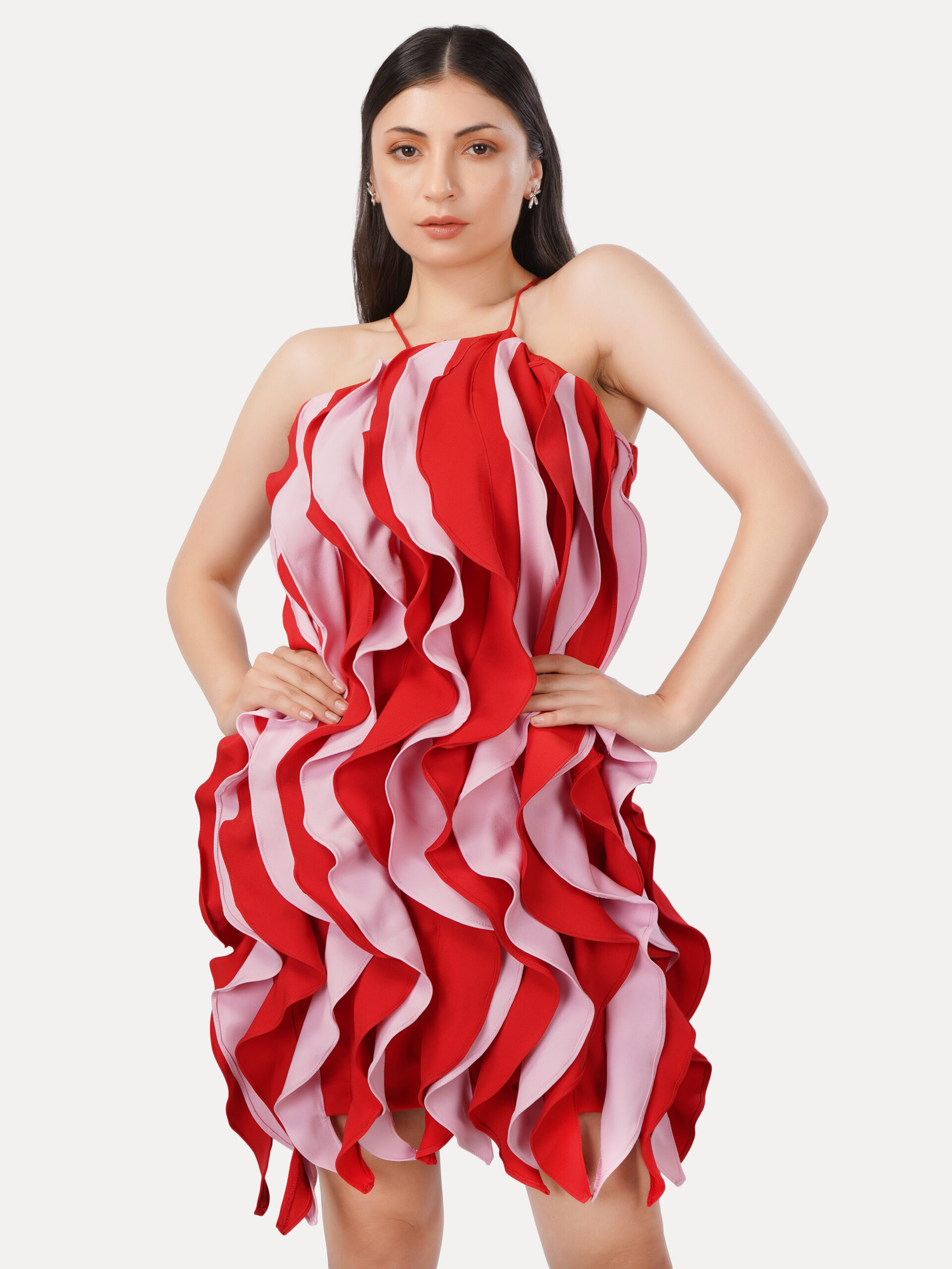 Red & Pink Wave Ruffle Mini Dress - Image 2