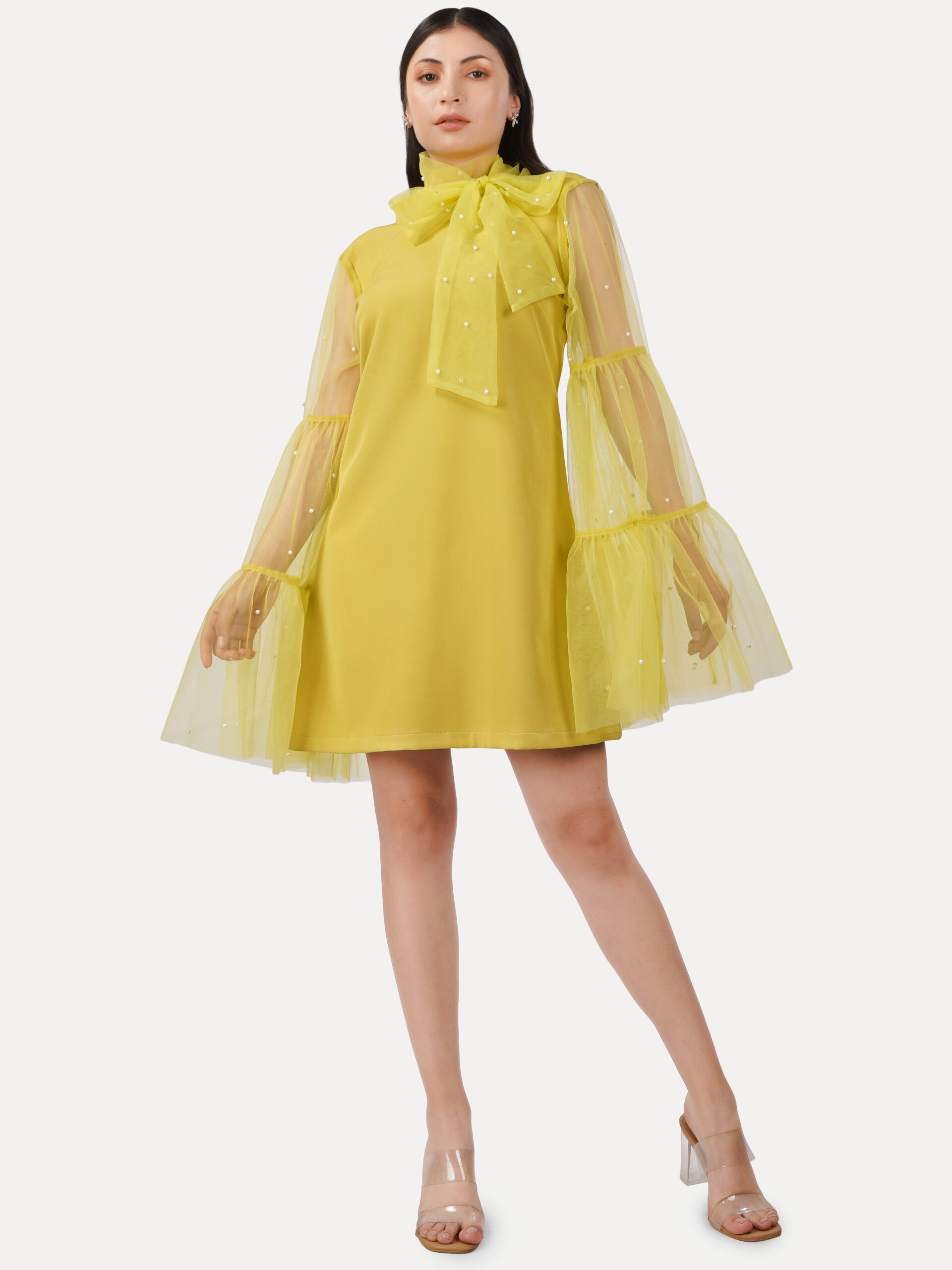 Pearl-Embellished Bow Detail A-Line Dress - Image 8