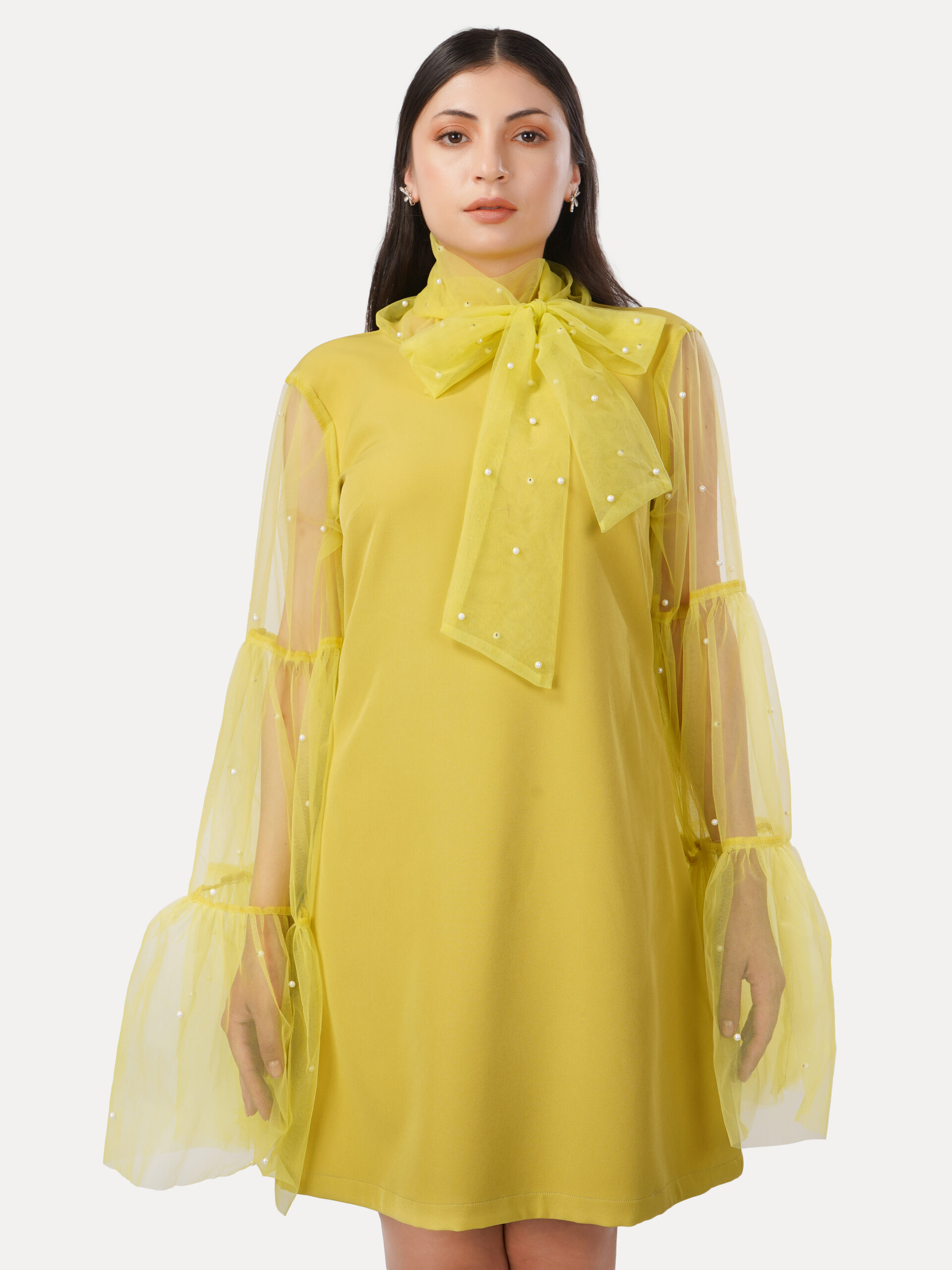 Pearl-Embellished Bow Detail A-Line Dress - Image 6