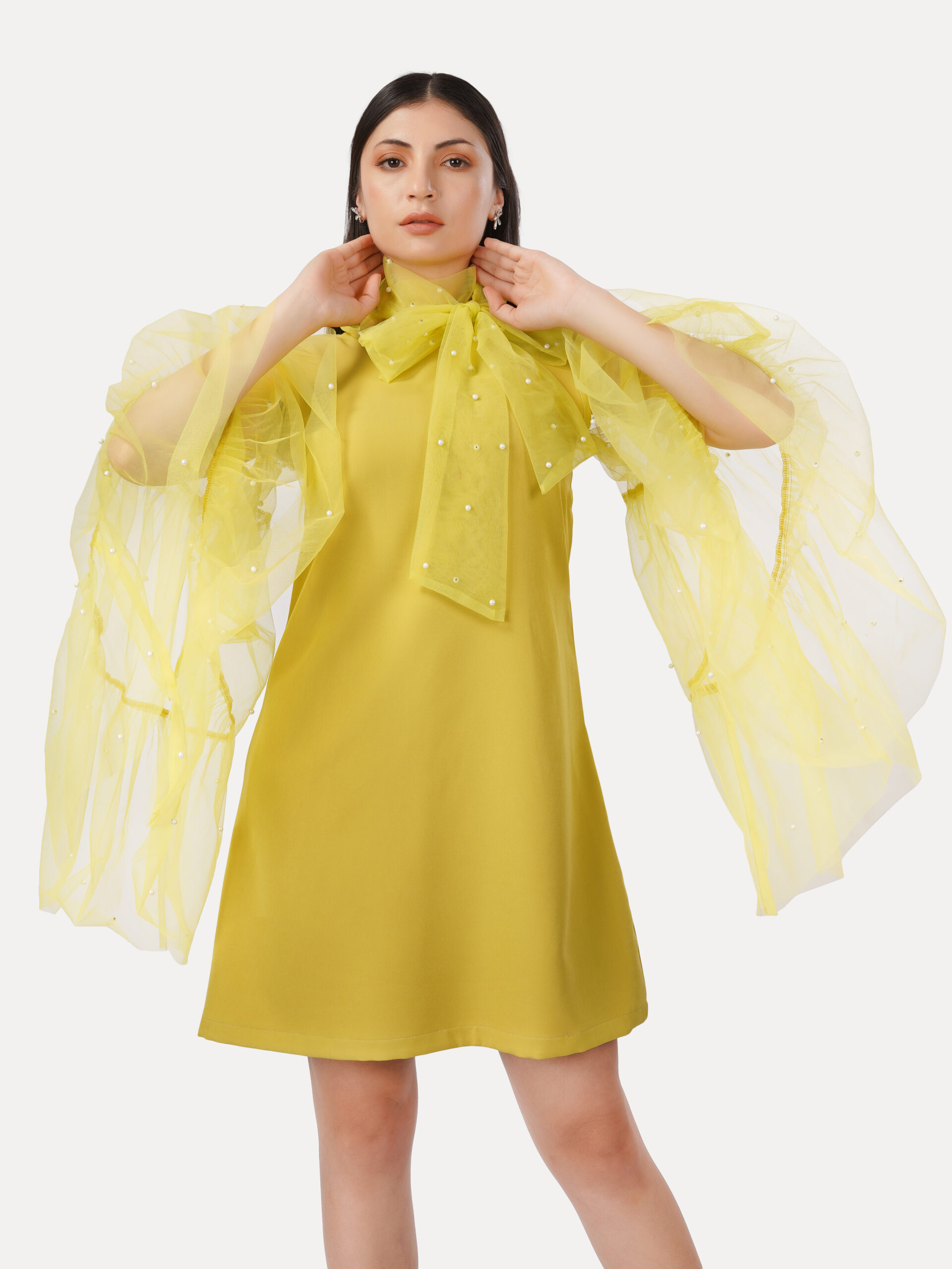 Pearl-Embellished Bow Detail A-Line Dress - Image 4