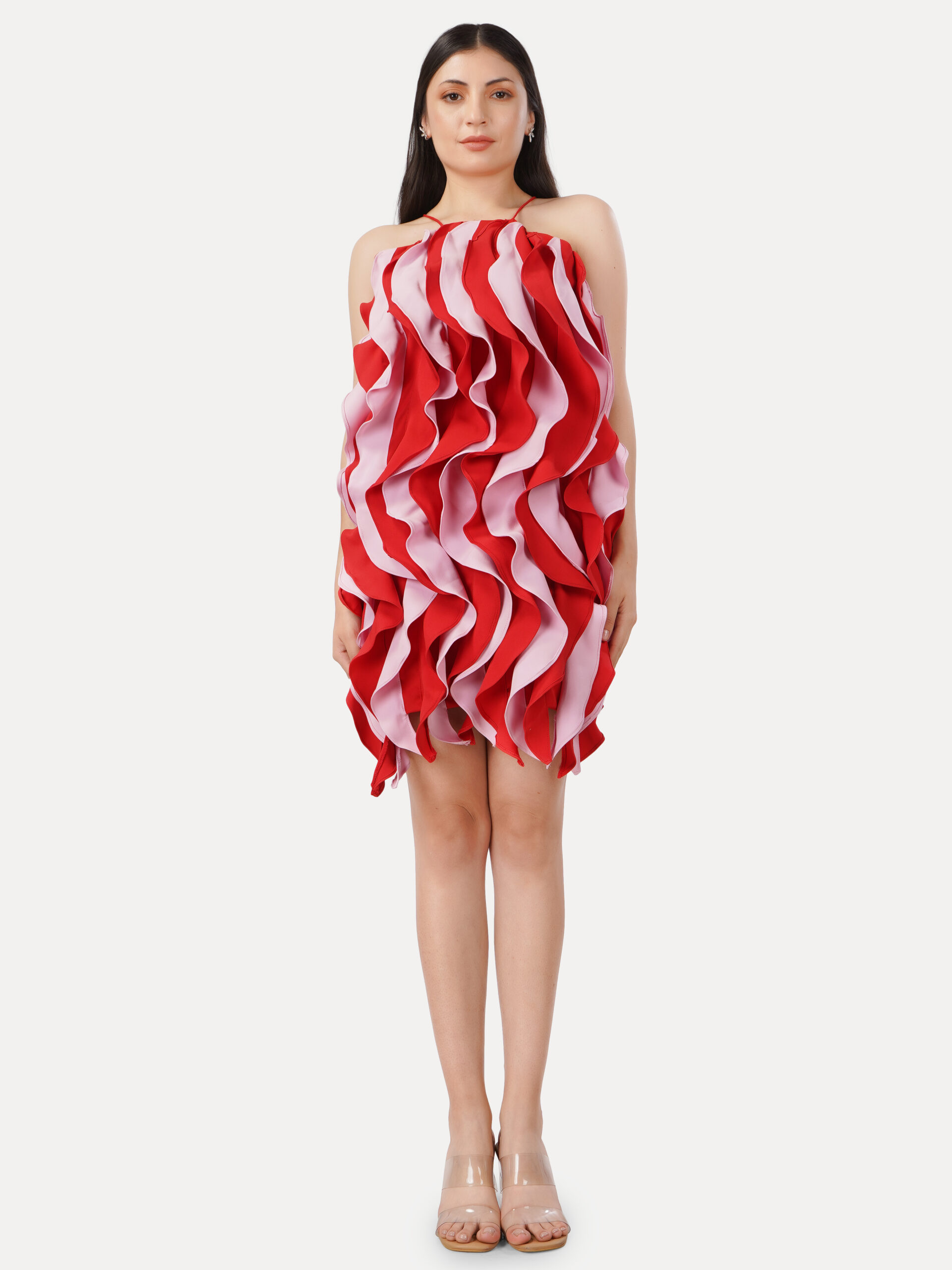 Red & Pink Wave Ruffle Mini Dress - Image 4